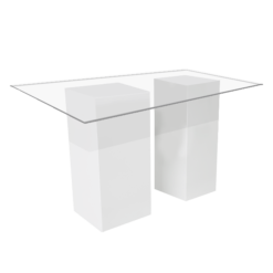 wide high table of 2 white pedestals with clear glass top