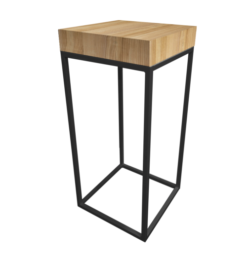 black metal high table frame with thick rustic wooden table top