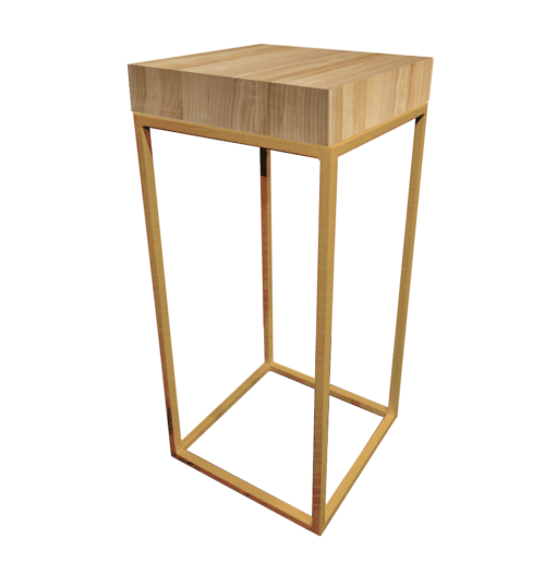 gold metal cocktail table frame with thick rustic wooden table top