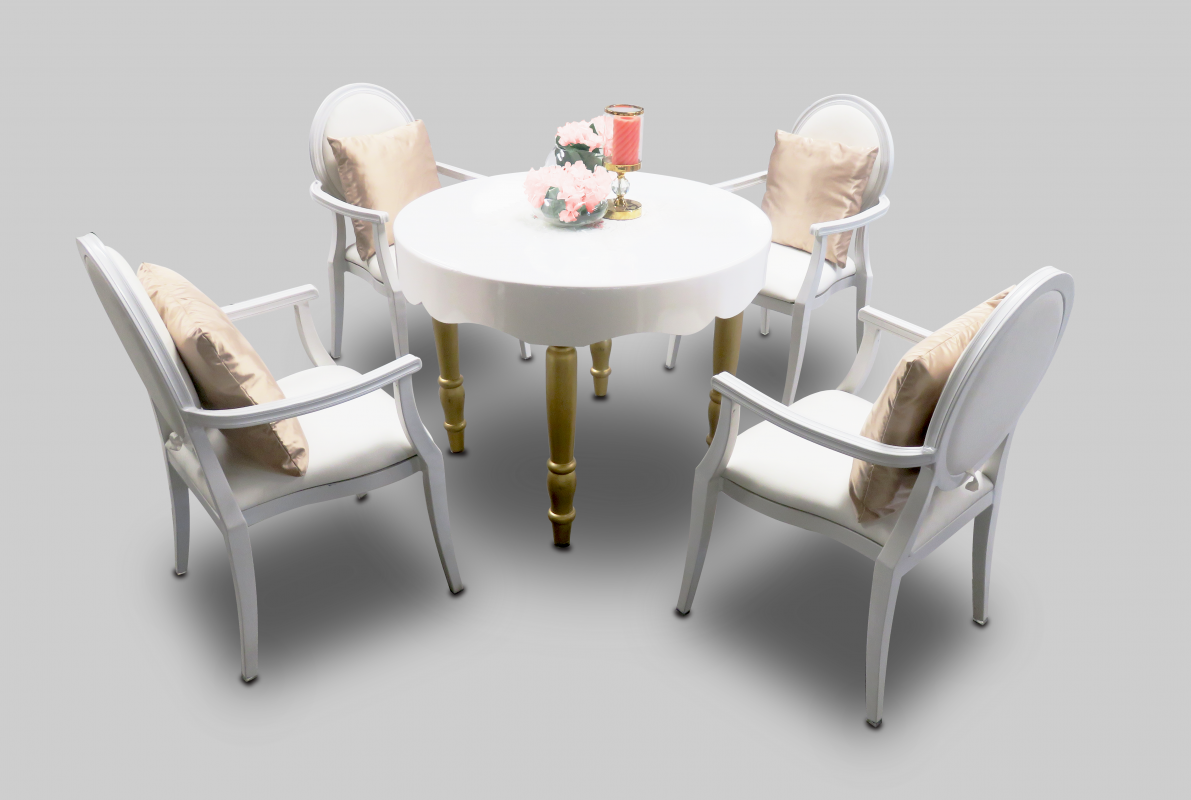 Round Dining Table, White and Gold Dining Table, White Dining Armchair